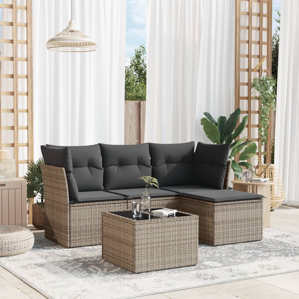 5-delige Loungeset met kussens poly rattan grijs is nu te koop bij PeponiXL, paradijselijk wonen!