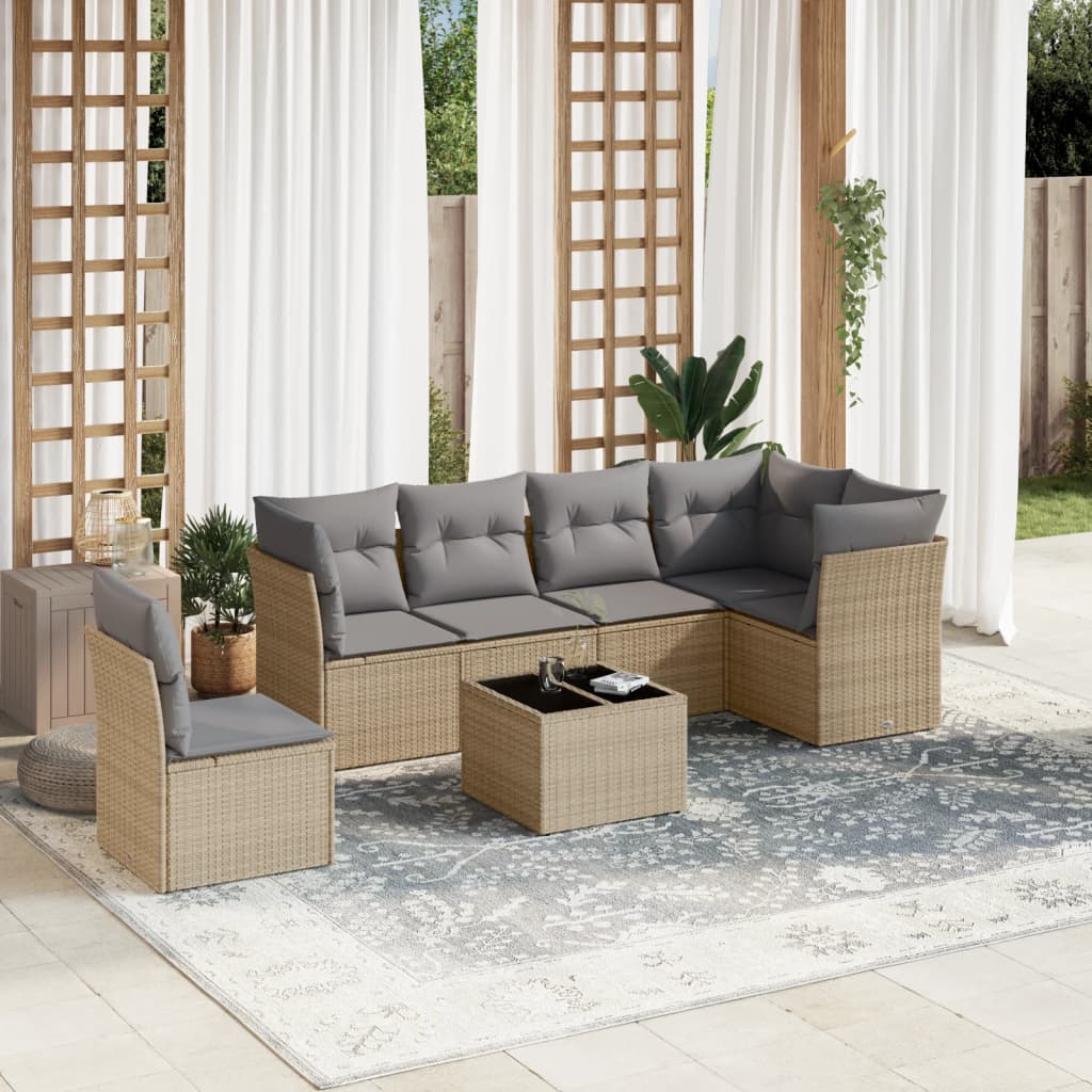7-delige Loungeset met kussens poly rattan beige is nu te koop bij PeponiXL, paradijselijk wonen!