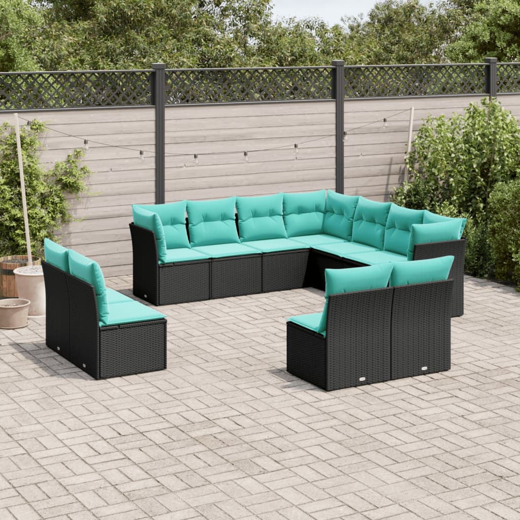 11-delige tuinbankset met kussens, zwart polyrotan is nu te koop bij PeponiXL, paradijselijk wonen!