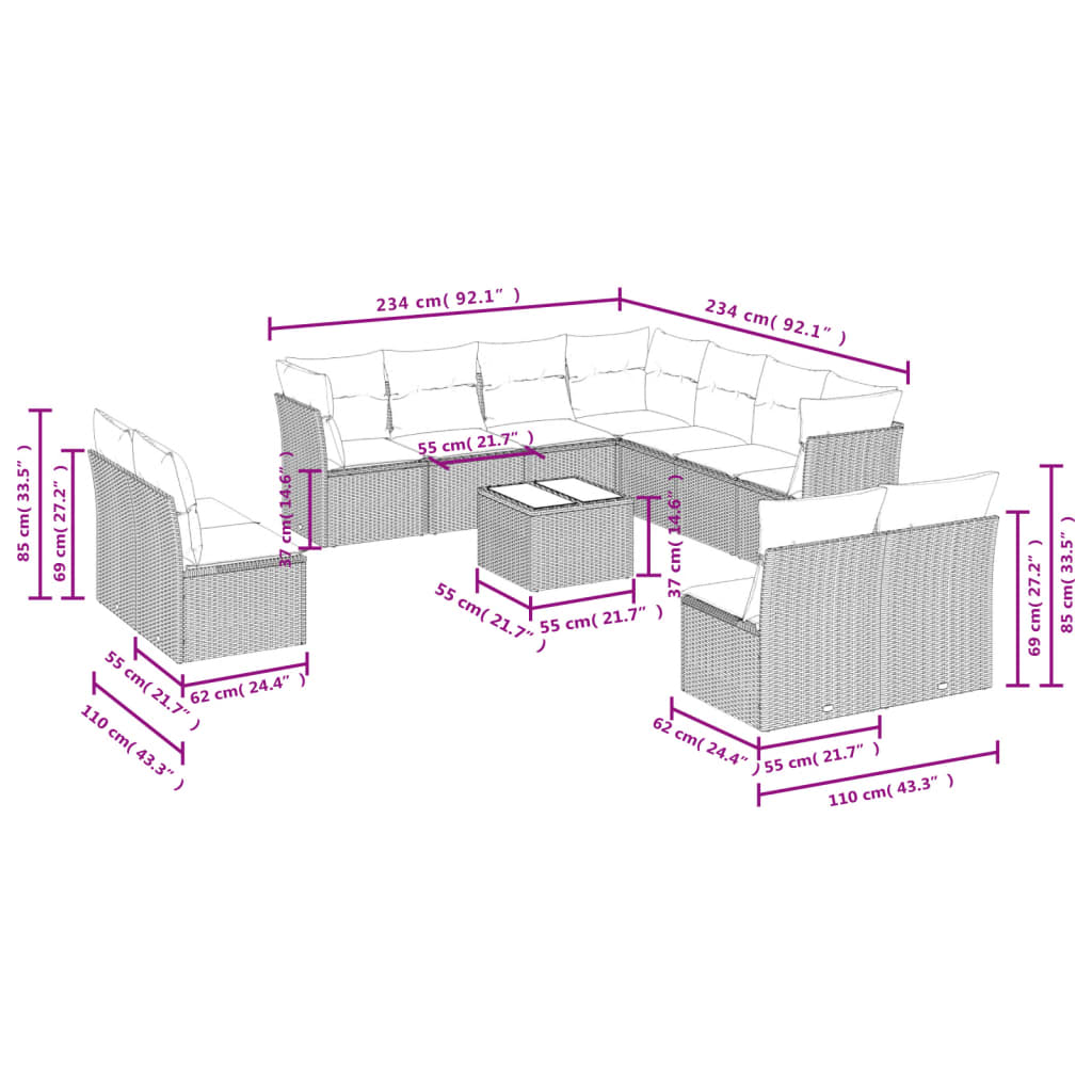 12-delige Loungeset met kussens poly rattan grijs is nu te koop bij PeponiXL, paradijselijk wonen!