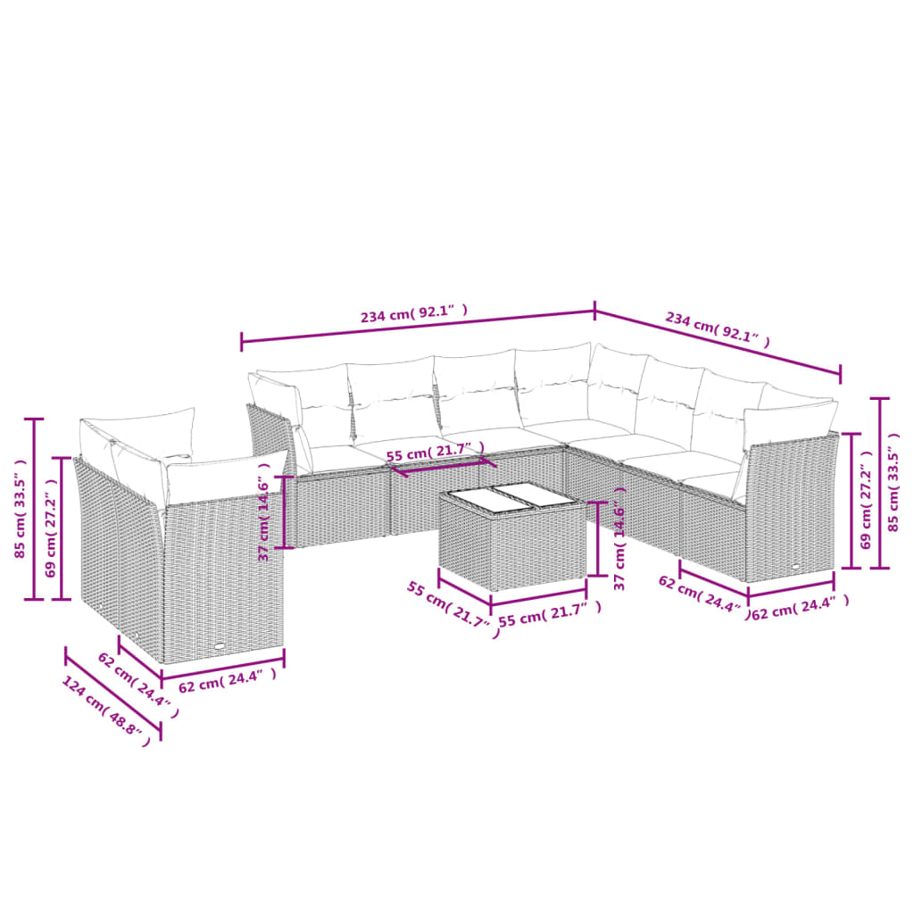 10-delige tuinbankset met kussens van zwart polyrotan is nu te koop bij PeponiXL, paradijselijk wonen!