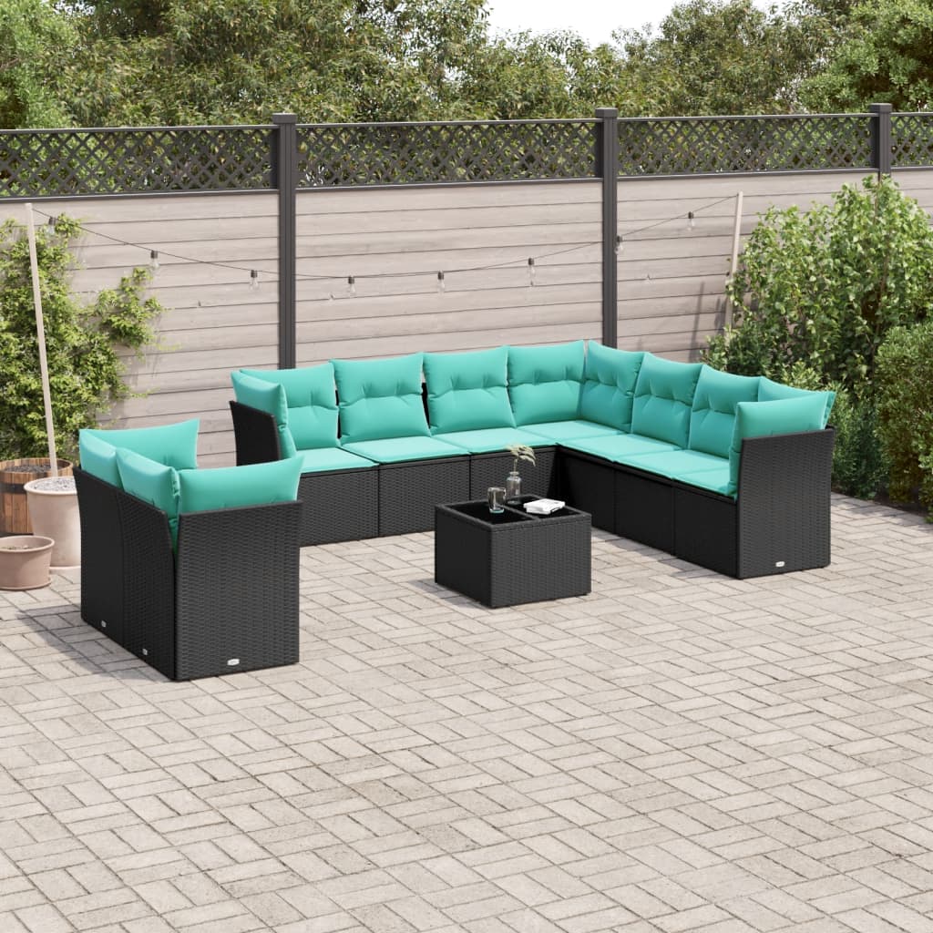 10-delige tuinbankset met kussens van zwart polyrotan is nu te koop bij PeponiXL, paradijselijk wonen!