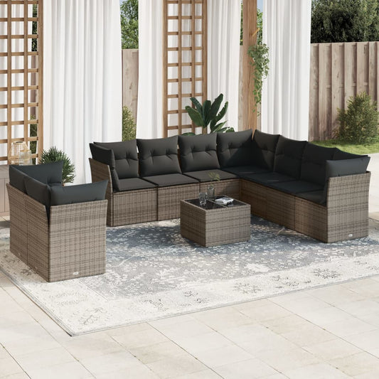 10-delige Loungeset met kussens poly rattan grijs is nu te koop bij PeponiXL, paradijselijk wonen!