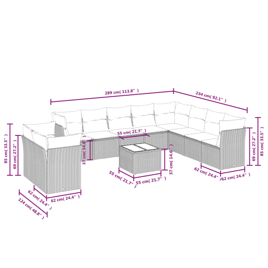 11-delige tuinbankset met kussens, zwart polyrotan is nu te koop bij PeponiXL, paradijselijk wonen!
