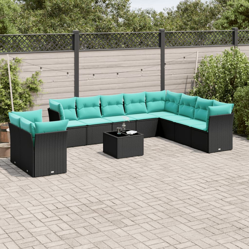 11-delige tuinbankset met kussens, zwart polyrotan is nu te koop bij PeponiXL, paradijselijk wonen!