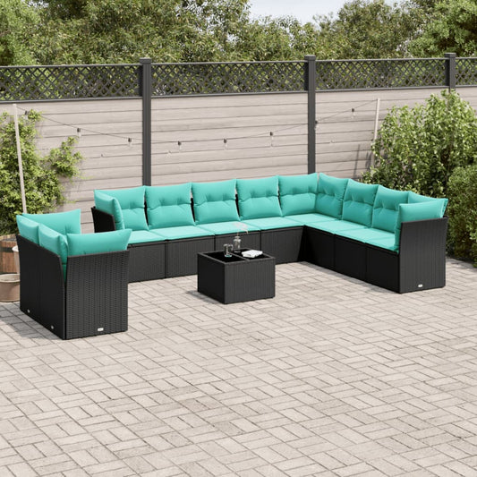 11-delige tuinbankset met kussens, zwart polyrotan is nu te koop bij PeponiXL, paradijselijk wonen!