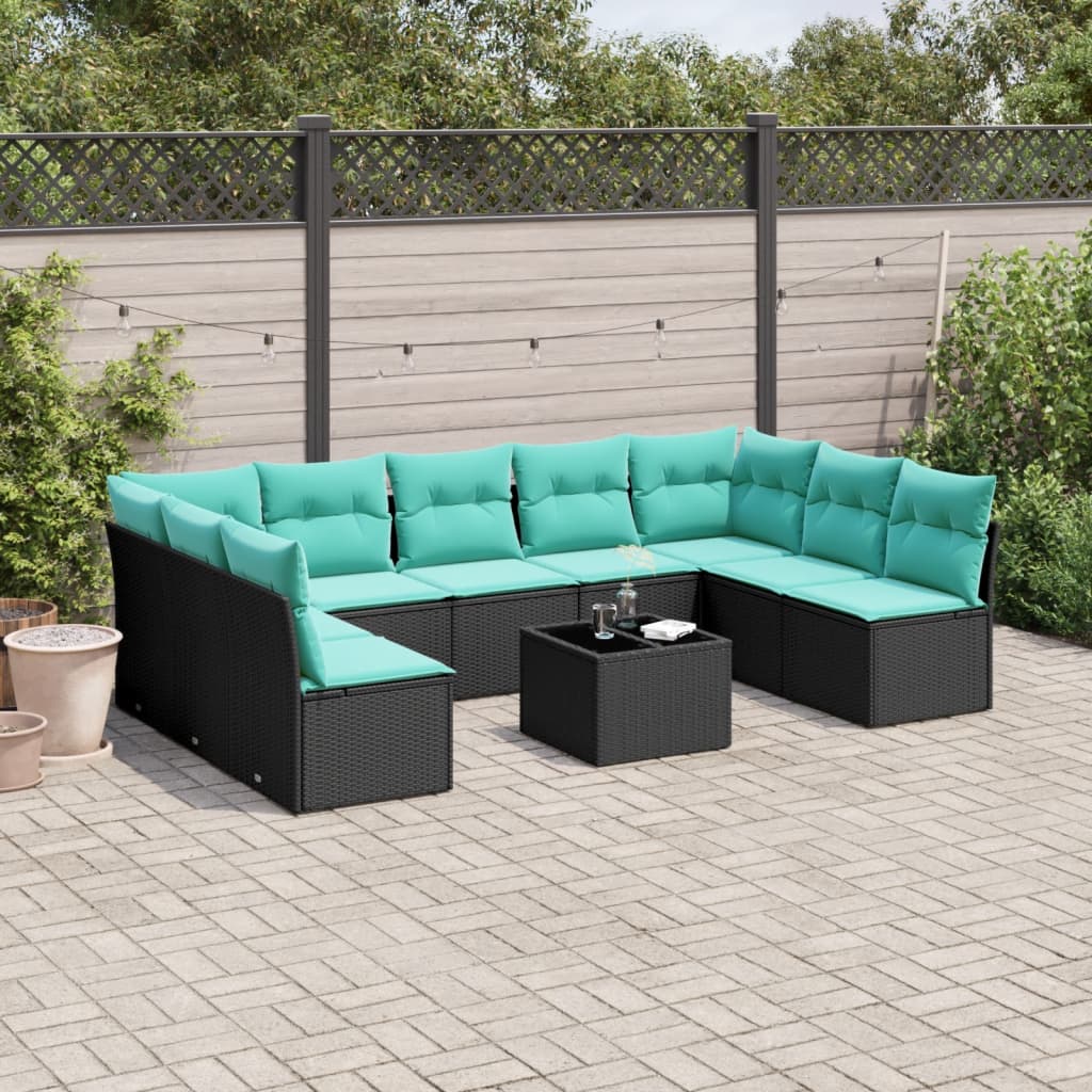 10-delige tuinbankset met kussens van zwart polyrotan is nu te koop bij PeponiXL, paradijselijk wonen!