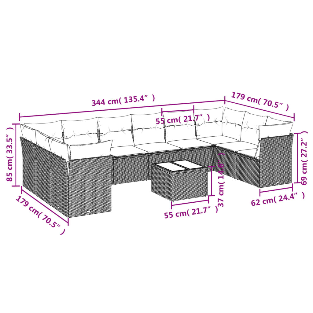 11-delige Loungeset met kussens poly rattan grijs is nu te koop bij PeponiXL, paradijselijk wonen!