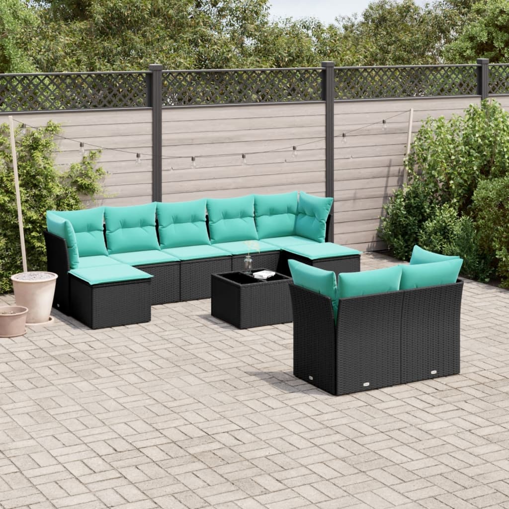 10-delige tuinbankset met kussens van zwart polyrotan is nu te koop bij PeponiXL, paradijselijk wonen!