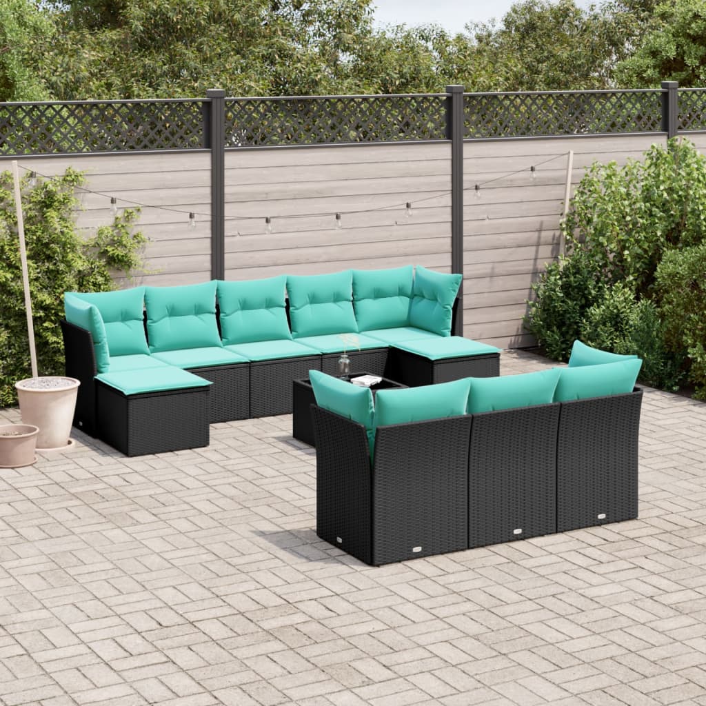 11-delige tuinbankset met kussens, zwart polyrotan is nu te koop bij PeponiXL, paradijselijk wonen!