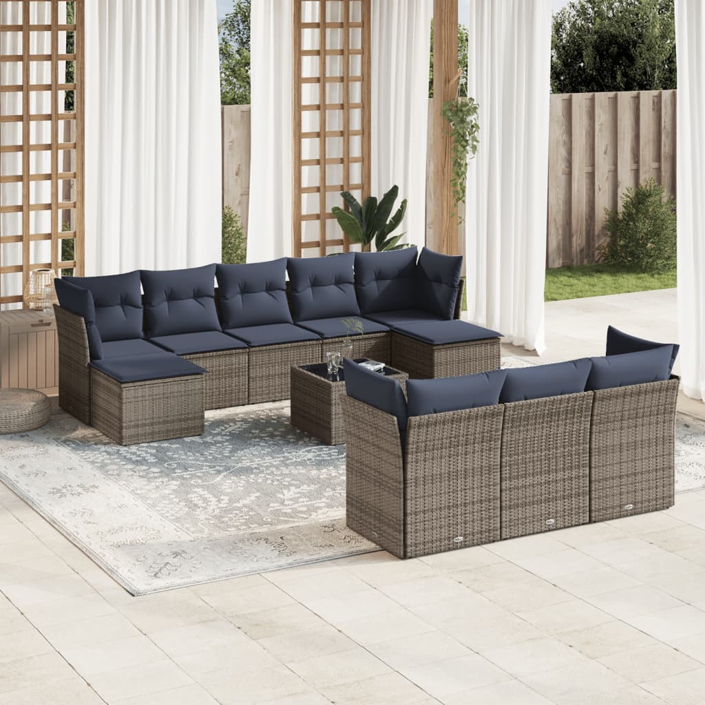 11-delige tuinbankset met kussens, grijs polyrotan is nu te koop bij PeponiXL, paradijselijk wonen!