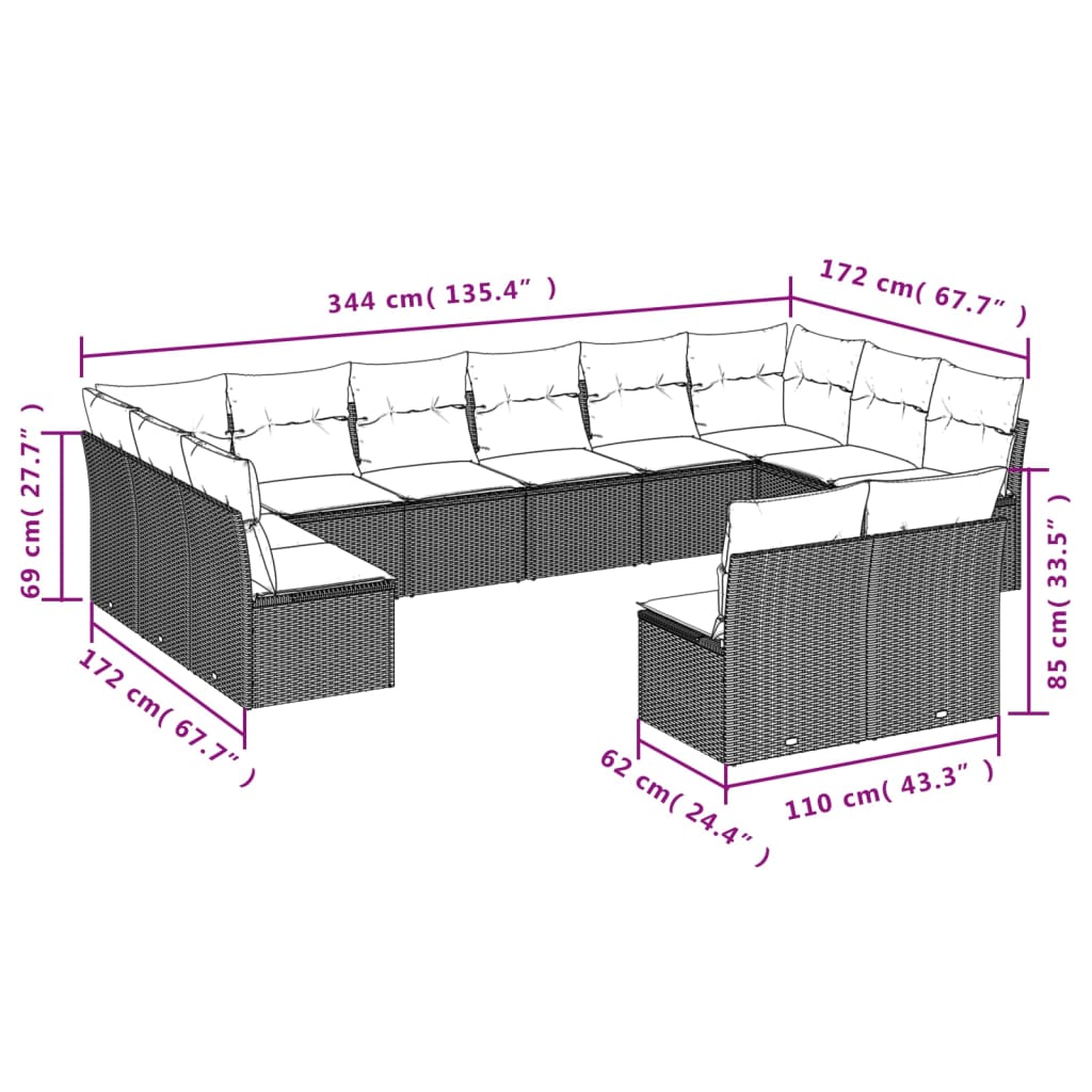12-delige Loungeset met kussens poly rattan zwart is nu te koop bij PeponiXL, paradijselijk wonen!