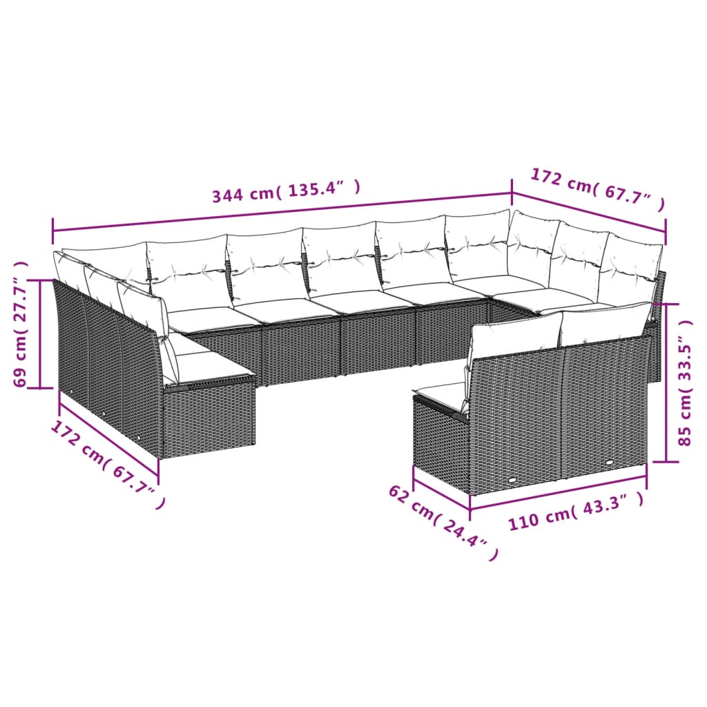 12-delige Loungeset met kussens poly rattan bruin is nu te koop bij PeponiXL, paradijselijk wonen!