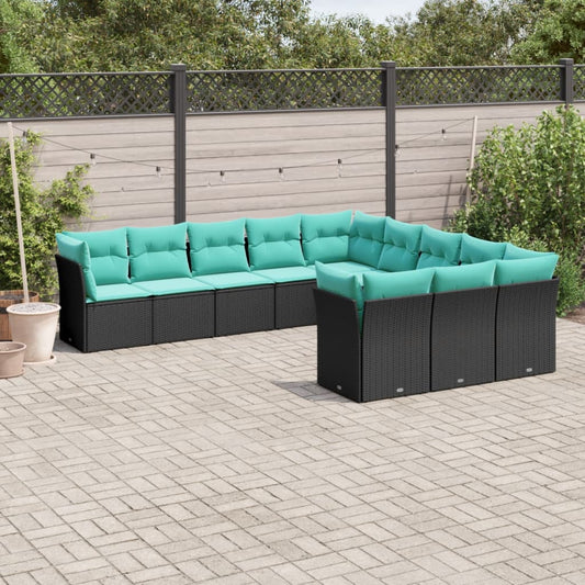 11-delige tuinbankset met kussens, zwart polyrotan is nu te koop bij PeponiXL, paradijselijk wonen!
