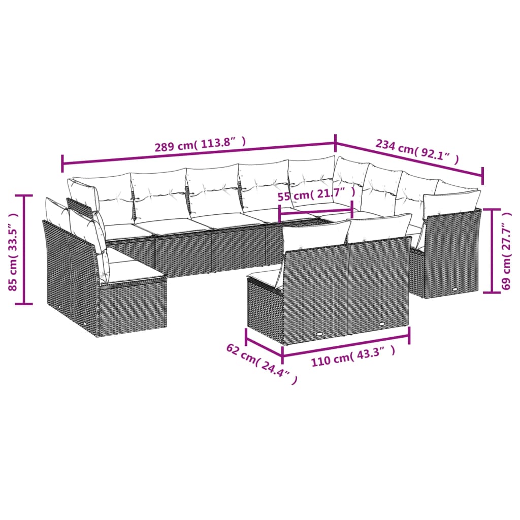 12-delige tuinbankset met kussens van zwart polyrotan is nu te koop bij PeponiXL, paradijselijk wonen!