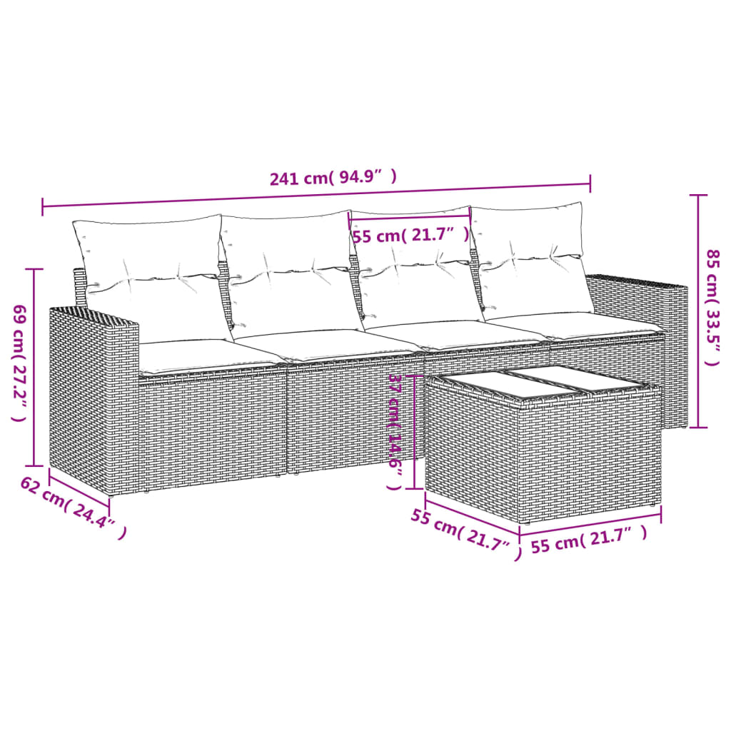 5-delige Loungeset met kussens poly rattan grijs is nu te koop bij PeponiXL, paradijselijk wonen!