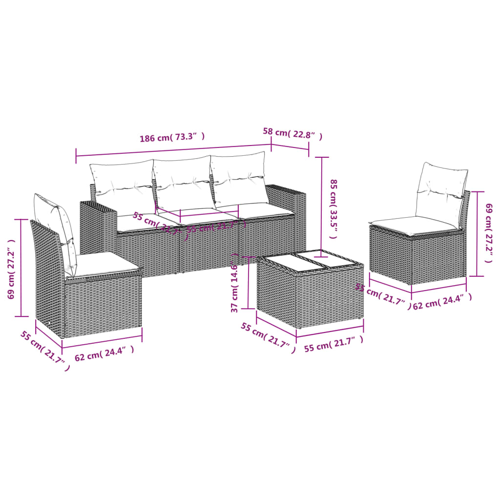 6-delige Loungeset met kussens poly rattan bruin is nu te koop bij PeponiXL, paradijselijk wonen!