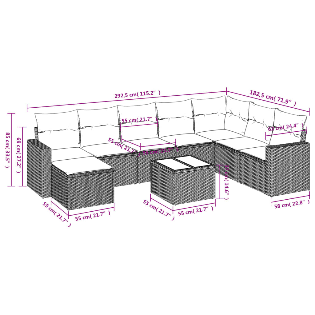 9-delige Loungeset met kussens poly rattan bruin is nu te koop bij PeponiXL, paradijselijk wonen!
