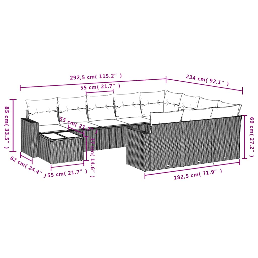 11-delige tuinbankset met kussens, zwart polyrotan is nu te koop bij PeponiXL, paradijselijk wonen!