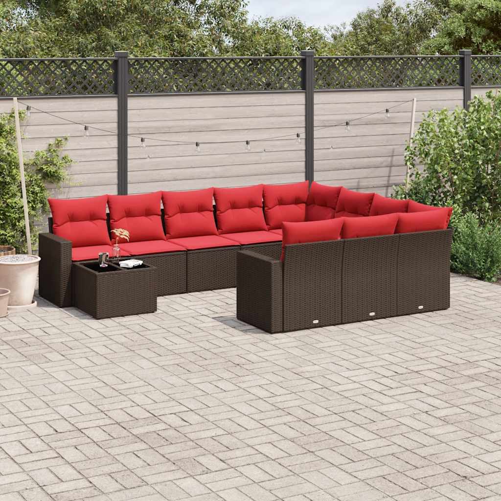 11-delige tuinbankset met kussens, bruin polyrotan is nu te koop bij PeponiXL, paradijselijk wonen!