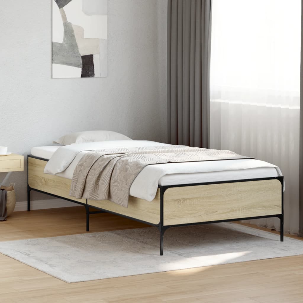 Bedframe bewerkt hout en metaal sonoma eikenkleurig 100x200 cm is nu te koop bij PeponiXL, paradijselijk wonen!