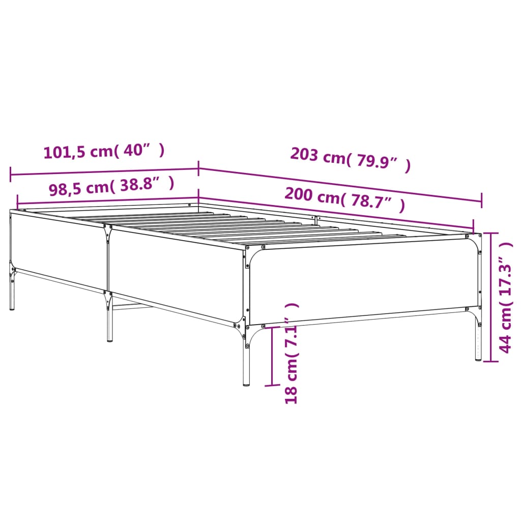Bedframe bewerkt hout en metaal gerookt eikenkleurig 100x200 cm is nu te koop bij PeponiXL, paradijselijk wonen!