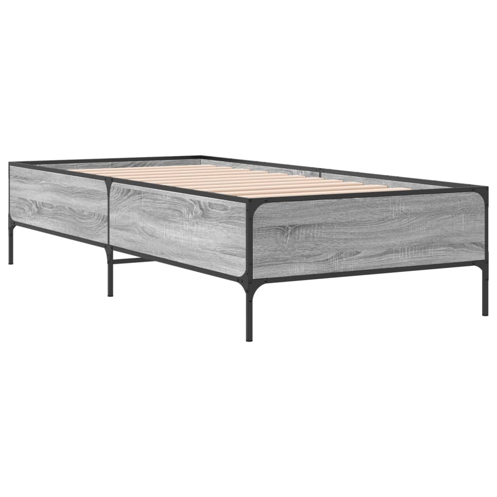 Bedframe bewerkt hout en metaal grijs sonoma eiken 100x200 cm is nu te koop bij PeponiXL, paradijselijk wonen!