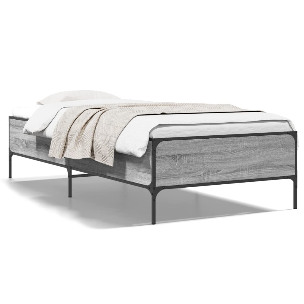 Bedframe bewerkt hout en metaal grijs sonoma eiken 100x200 cm is nu te koop bij PeponiXL, paradijselijk wonen!