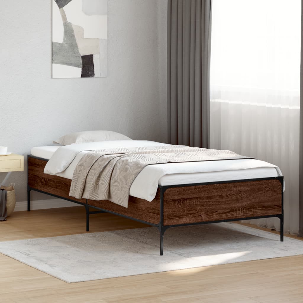 Bedframe bewerkt hout en metaal bruin eikenkleurig 100x200 cm is nu te koop bij PeponiXL, paradijselijk wonen!