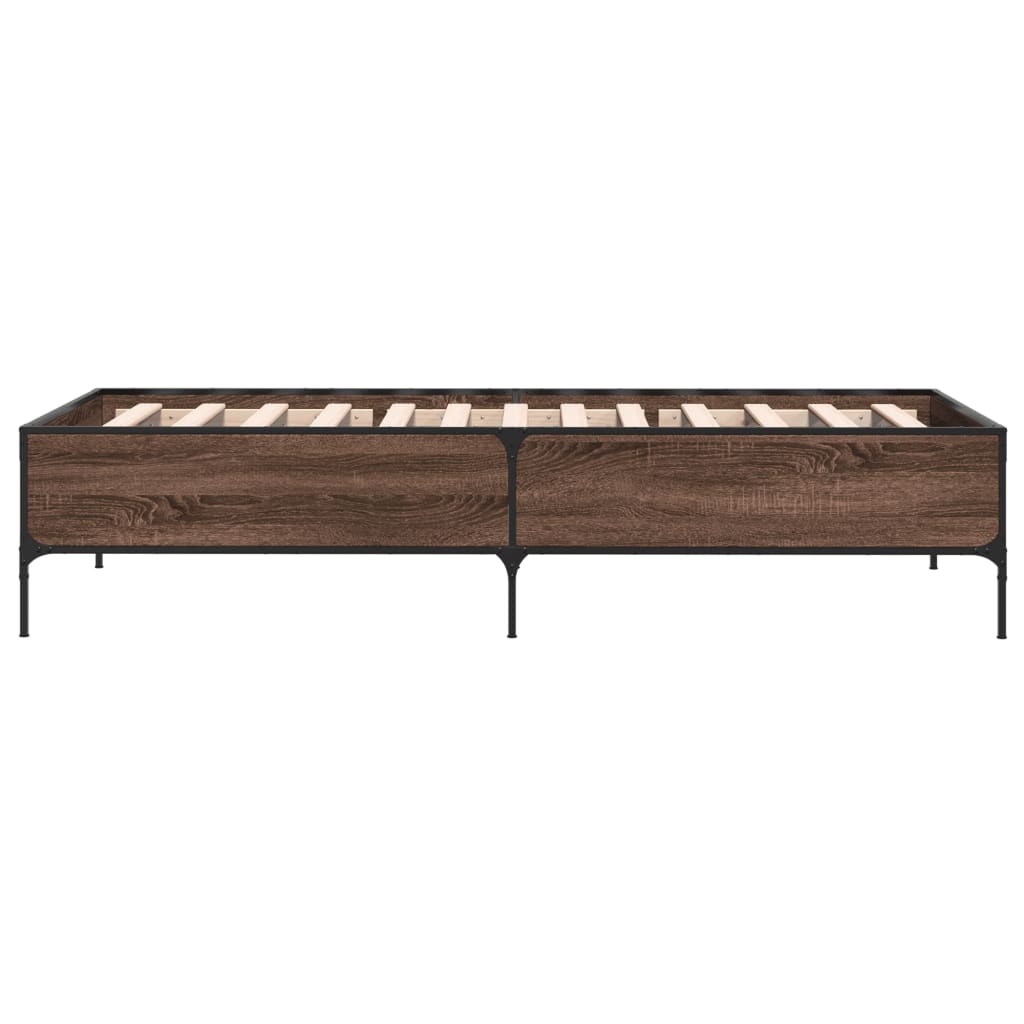 Bedframe bewerkt hout en metaal bruin eikenkleurig 100x200 cm is nu te koop bij PeponiXL, paradijselijk wonen!