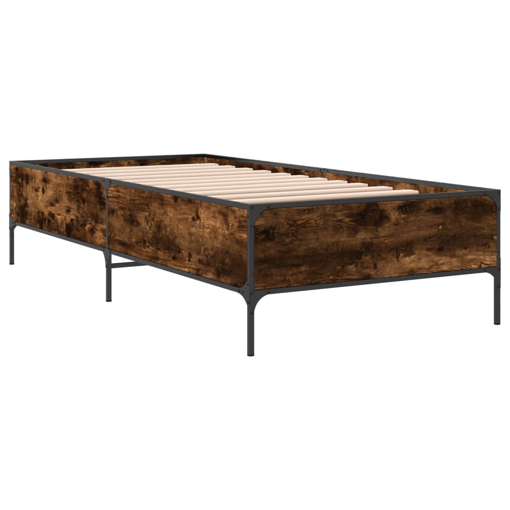 Bedframe bewerkt hout en metaal gerookt eikenkleurig 90x200 cm is nu te koop bij PeponiXL, paradijselijk wonen!
