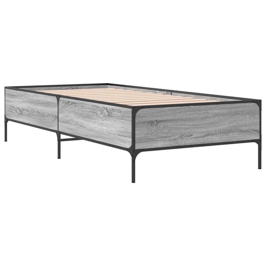 Bedframe bewerkt hout en metaal grijs sonoma eiken 90x200 cm is nu te koop bij PeponiXL, paradijselijk wonen!
