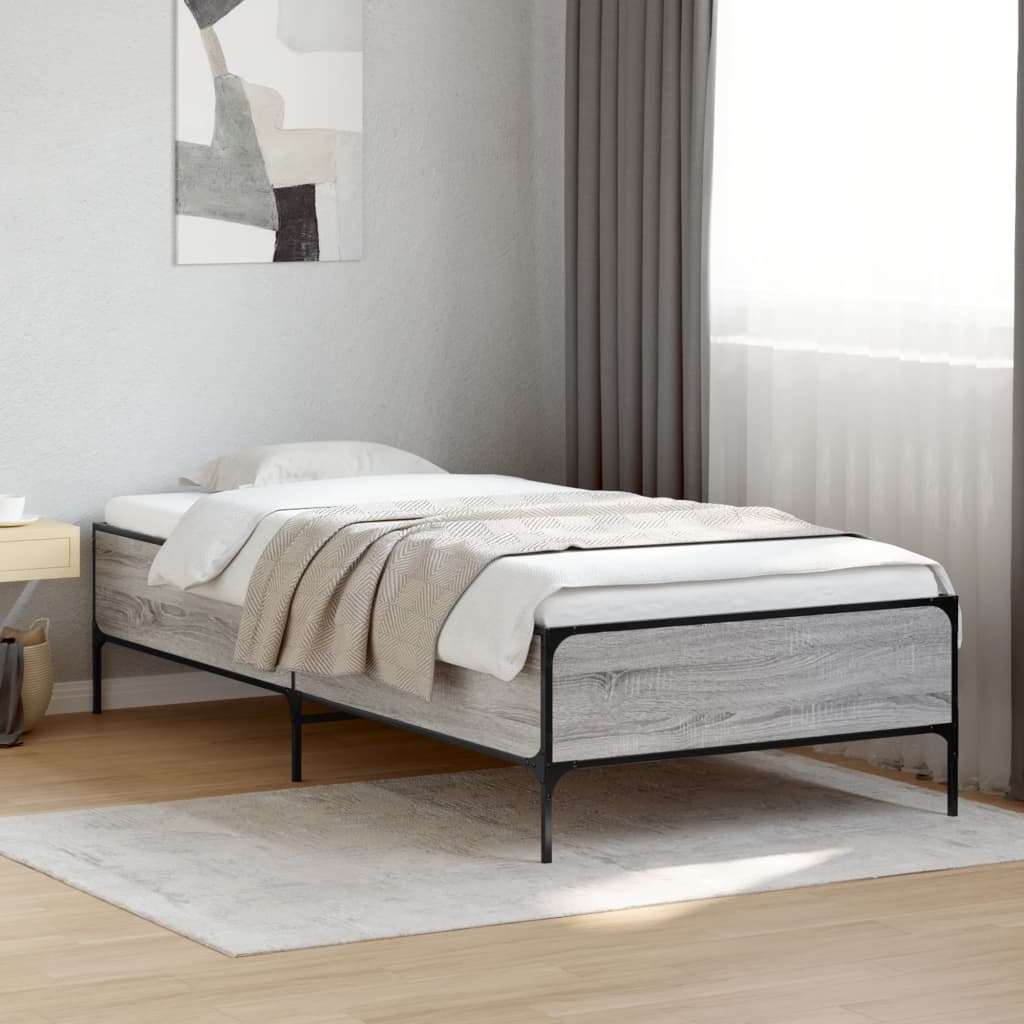 Bedframe bewerkt hout en metaal grijs sonoma eiken 90x200 cm is nu te koop bij PeponiXL, paradijselijk wonen!