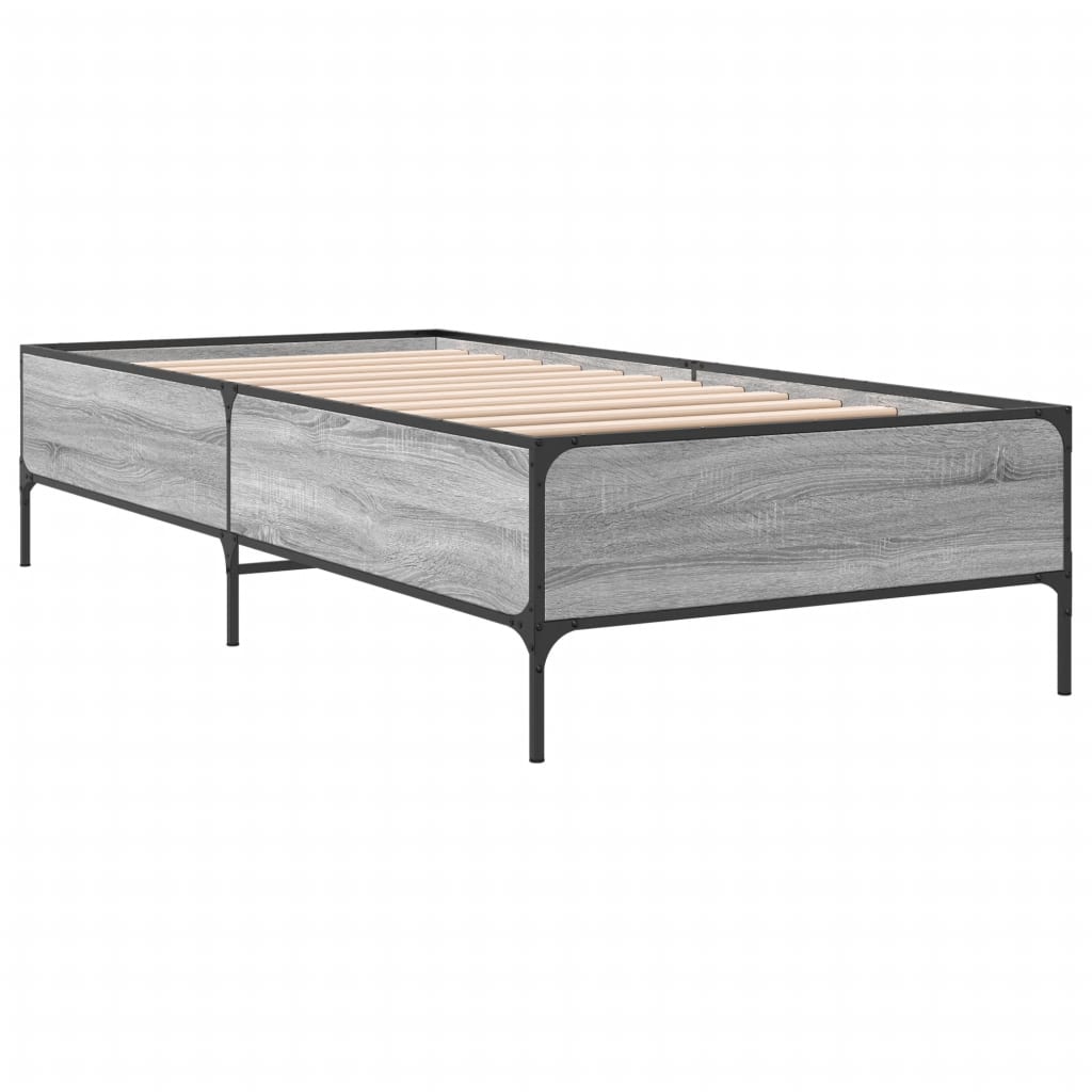 Bedframe bewerkt hout en metaal grijs sonoma eiken 90x200 cm is nu te koop bij PeponiXL, paradijselijk wonen!