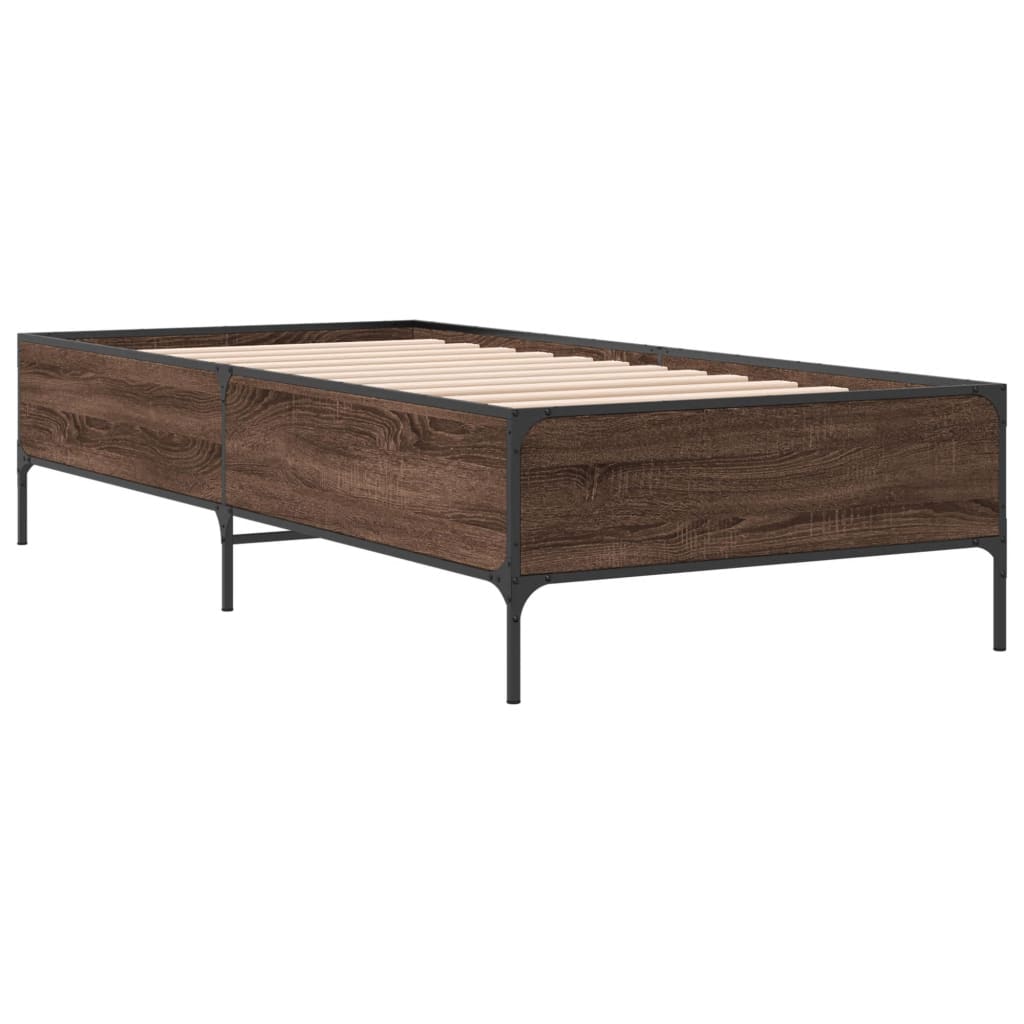 Bedframe bewerkt hout en metaal bruin eikenkleurig 90x200 cm is nu te koop bij PeponiXL, paradijselijk wonen!
