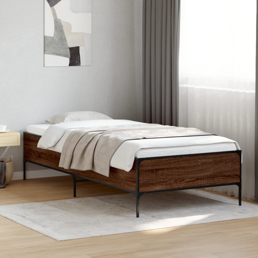 Bedframe bewerkt hout en metaal bruin eikenkleurig 90x200 cm is nu te koop bij PeponiXL, paradijselijk wonen!