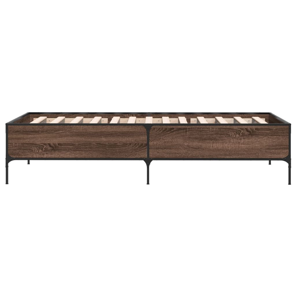 Bedframe bewerkt hout en metaal bruin eikenkleurig 90x200 cm is nu te koop bij PeponiXL, paradijselijk wonen!