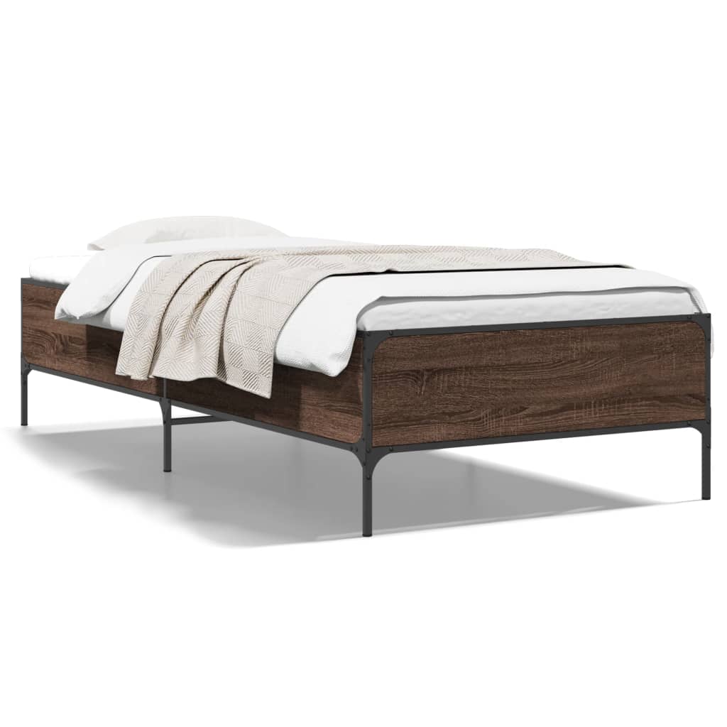Bedframe bewerkt hout en metaal bruin eikenkleurig 90x200 cm is nu te koop bij PeponiXL, paradijselijk wonen!