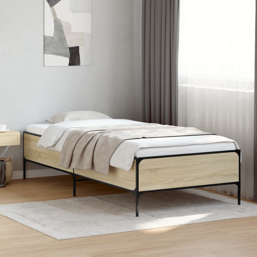 Bedframe bewerkt hout en metaal sonoma eikenkleurig 90x190 cm is nu te koop bij PeponiXL, paradijselijk wonen!