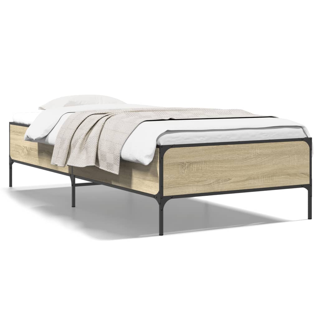 Bedframe bewerkt hout en metaal sonoma eikenkleurig 90x190 cm is nu te koop bij PeponiXL, paradijselijk wonen!