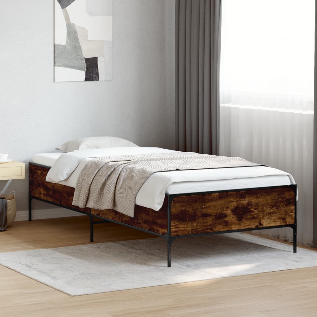 Bedframe bewerkt hout en metaal gerookt eikenkleurig 90x190 cm is nu te koop bij PeponiXL, paradijselijk wonen!