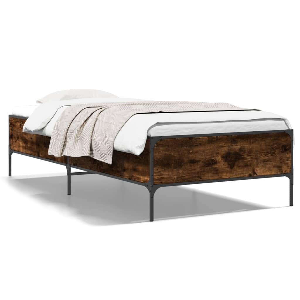 Bedframe bewerkt hout en metaal gerookt eikenkleurig 90x190 cm is nu te koop bij PeponiXL, paradijselijk wonen!