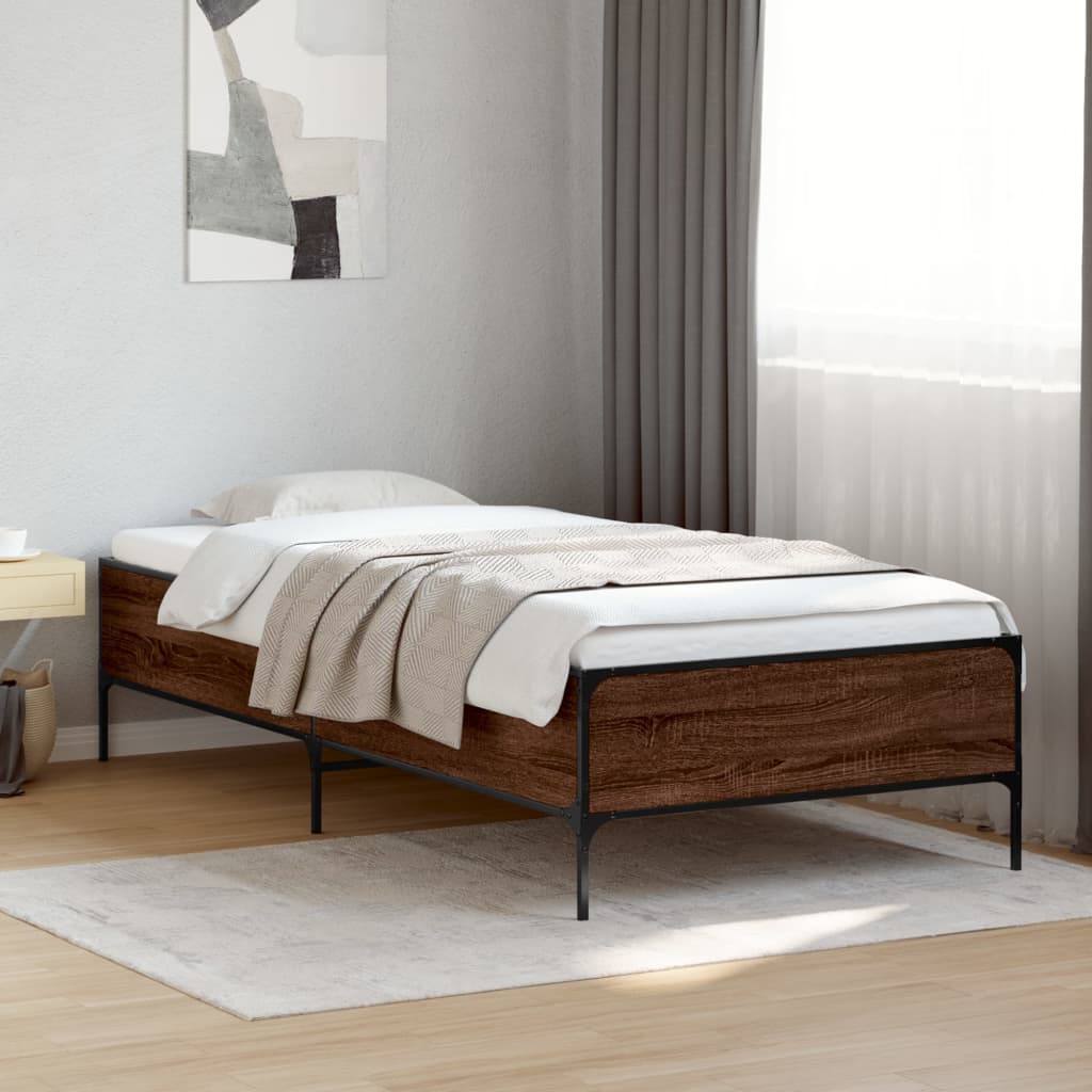 Bedframe bewerkt hout en metaal bruin eikenkleurig 90x190 cm is nu te koop bij PeponiXL, paradijselijk wonen!