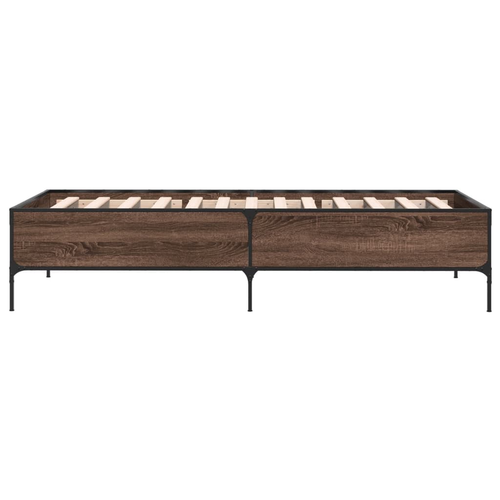 Bedframe bewerkt hout en metaal bruin eikenkleurig 90x190 cm is nu te koop bij PeponiXL, paradijselijk wonen!