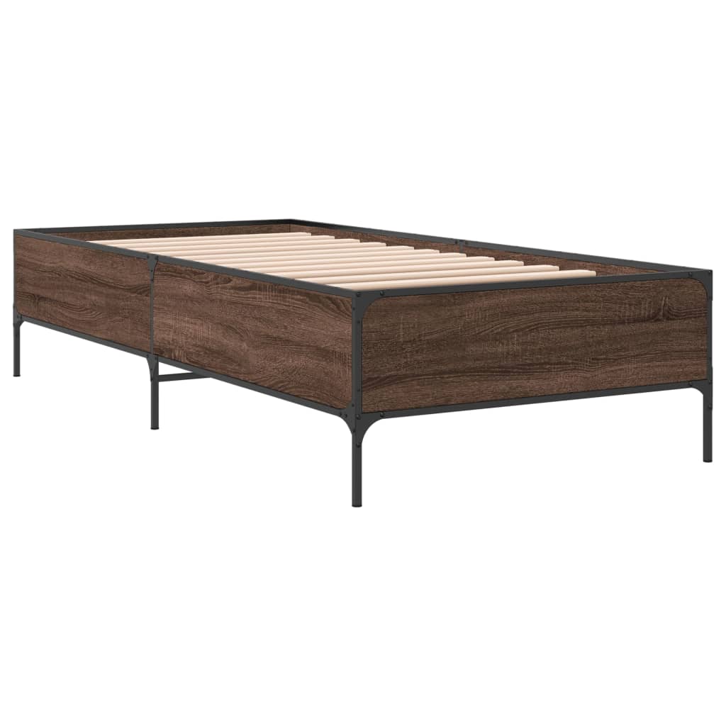 Bedframe bewerkt hout en metaal bruin eikenkleurig 90x190 cm is nu te koop bij PeponiXL, paradijselijk wonen!
