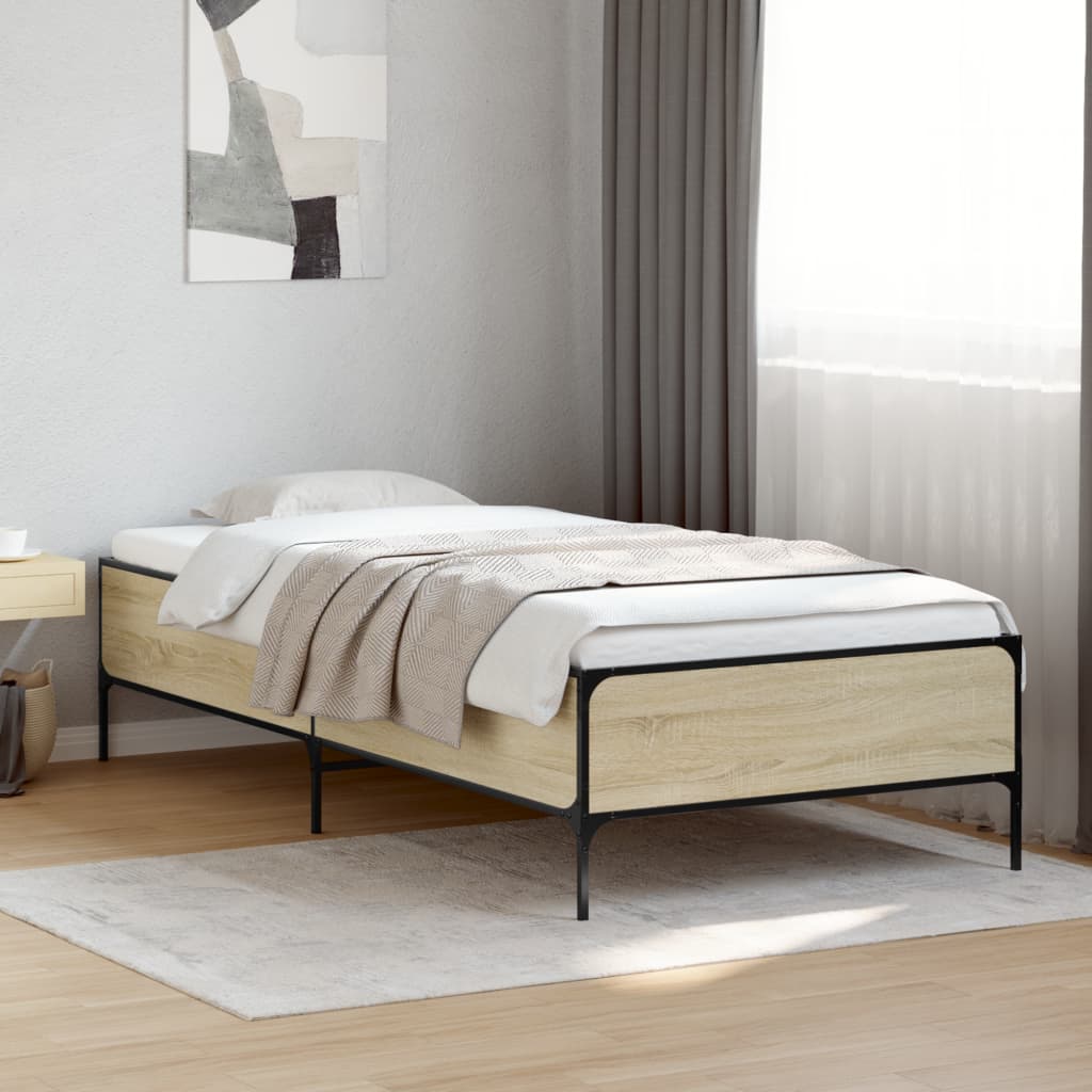 Bedframe bewerkt hout en metaal sonoma eikenkleurig 75x190 cm is nu te koop bij PeponiXL, paradijselijk wonen!