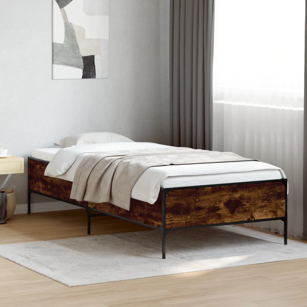 Bedframe bewerkt hout en metaal gerookt eikenkleurig 75x190 cm is nu te koop bij PeponiXL, paradijselijk wonen!