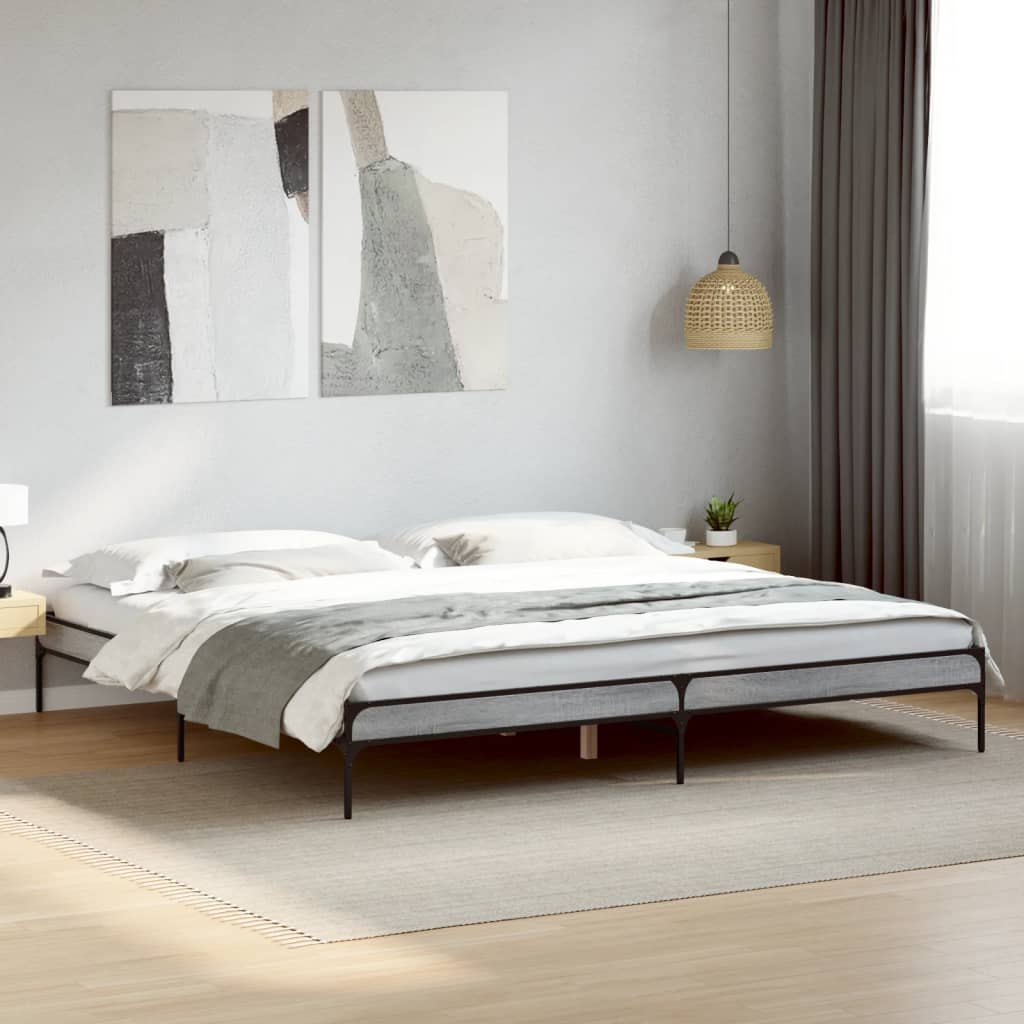Bedframe bewerkt hout metaal grijs sonoma eiken 200x200 cm is nu te koop bij PeponiXL, paradijselijk wonen!