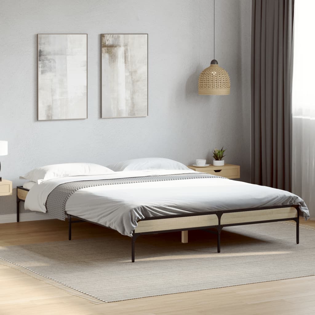 Bedframe bewerkt hout metaal sonoma eikenkleurig 150x200 cm is nu te koop bij PeponiXL, paradijselijk wonen!
