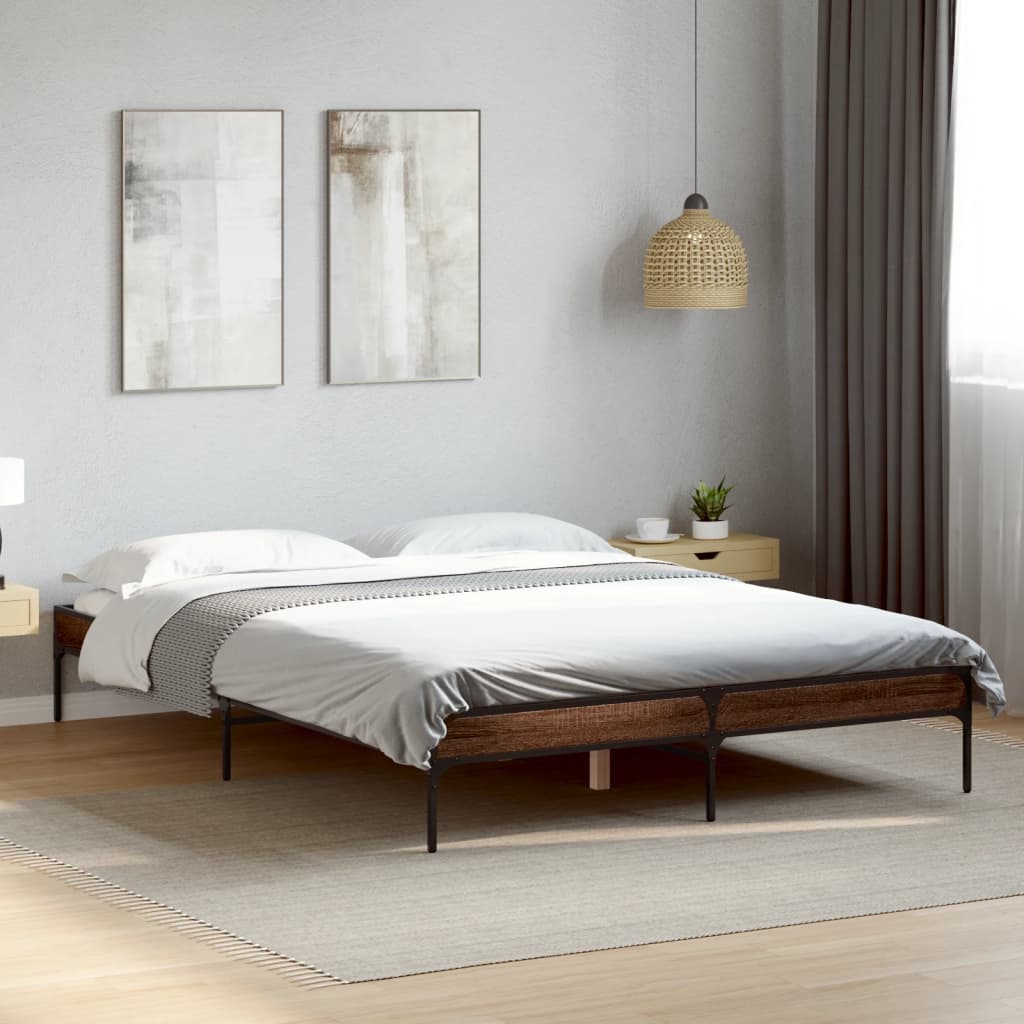 Bedframe bewerkt hout metaal bruin eikenkleur 140x200 cm is nu te koop bij PeponiXL, paradijselijk wonen!